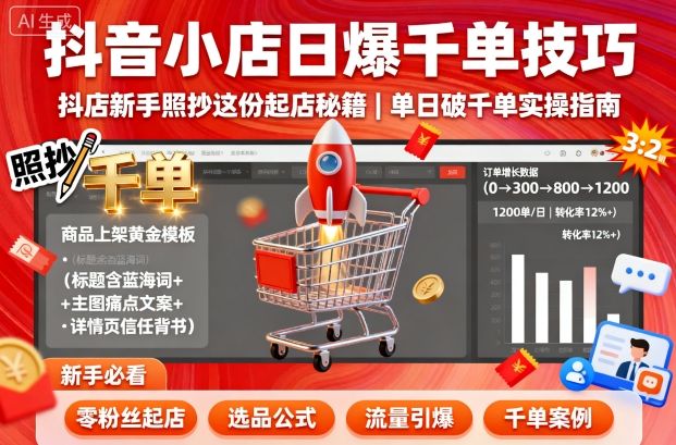 抖音小店日爆千单技巧，抖店新手照抄这份起店秘籍，单日破千单-淘秘副业