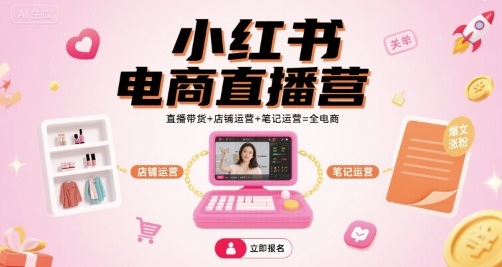 小红书电商直播营，直播带货+店铺运营+笔记运营=全电商-淘秘副业