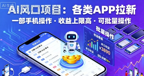 AI风口项目，各类APP拉新，一部手机就可以操作，收益上限高，可批量操作-淘秘副业