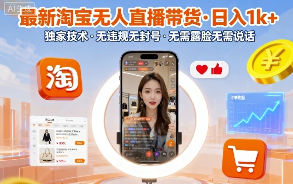 最新淘宝无人直播带货，日入1k+，独家技术，无违规无封号，无需露脸无需说话【揭秘】-淘秘副业