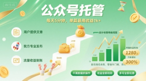【公众号托管 】我提供文章，你发布，每天5分钟，单篇最高收益1k+【揭秘】-淘秘副业