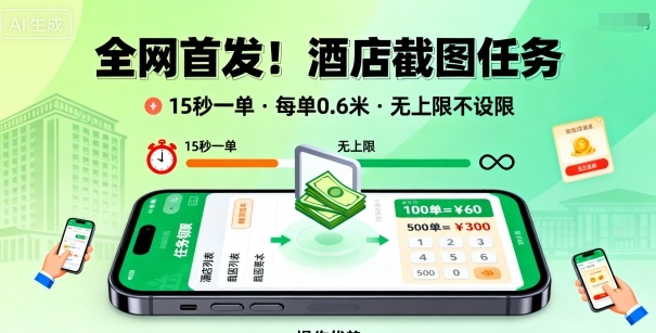 全网首发！酒店截图任务，15秒一单，每单0.6米，任务无上限不设限，矩阵操作单日3张到手【揭秘】-淘秘副业