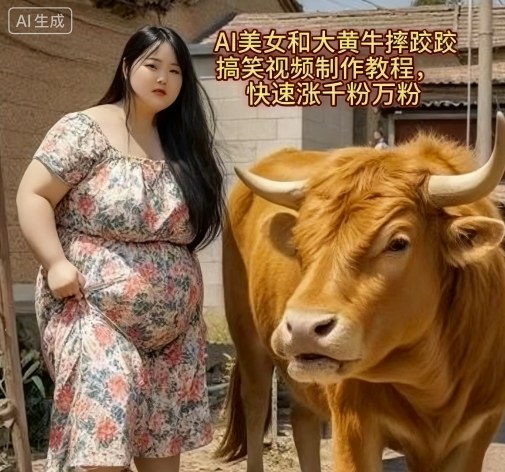 AI美女和大黄牛摔跤搞笑荒诞视频制作教程，快速涨千粉万粉-淘秘副业