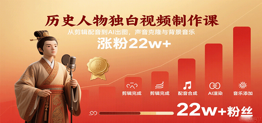 历史人物独白视频制作课，从剪辑配音到AI出图，声音克隆与背景音乐，涨粉22w+-淘秘副业
