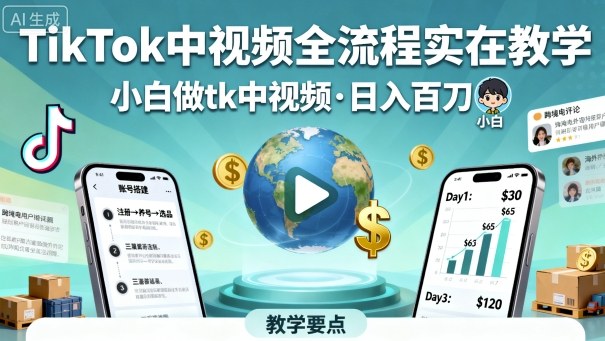 TikTok中视频全流程实操教学，小白做tk中视频，日入百刀-淘秘副业
