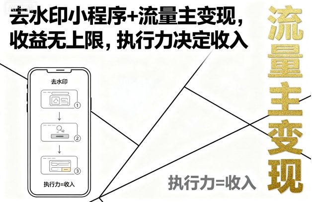 去水印小程序+流量主变现，收益无上限，执行力决定收入-淘秘副业