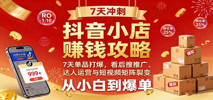 抖音小店赚钱攻略：7天单品打爆技巧，看后搜推广、达人运营与短视频矩阵裂变实战-淘秘副业