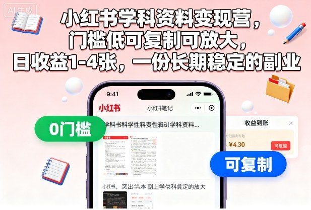 小红书学科资料变现营，门槛低可复制可放大，日收益1-4张，一份长期稳定的副业-淘秘副业