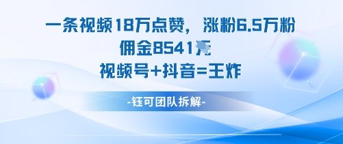 一条视频18W点赞，涨粉6.5W粉佣金8541米，视频号+抖音=王炸-淘秘副业