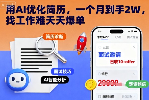 用AI优化简历，一个月到手2W，找工作难天天爆单-淘秘副业