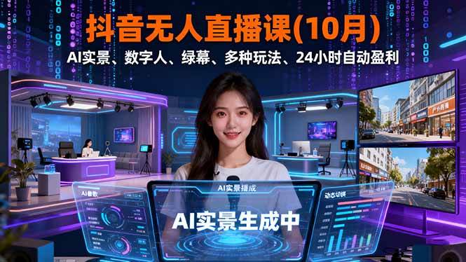 （16355期）抖音无人直播课(10月)，AI实景、数字人、绿幕、多种玩法、24小时自动盈利-淘秘副业