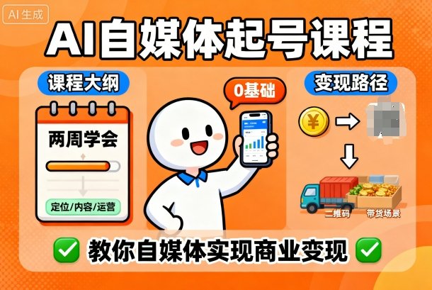 AI自媒体起号课程，0基础小白两周学会，教你自媒体实现商业变现-淘秘副业