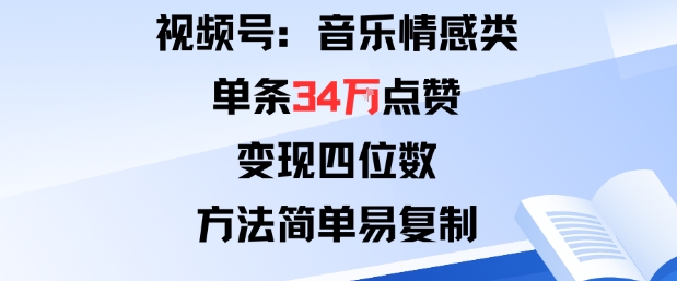 视频号分成计划新玩法：音乐情感类单条34W点赞，变现四位数，方法简单易复制-淘秘副业