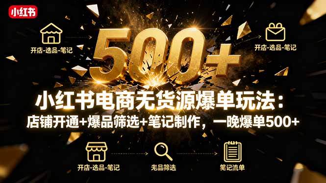 小红书电商无货源爆单玩法：店铺开通+爆品筛选+笔记制作，一晚爆单500+-淘秘副业