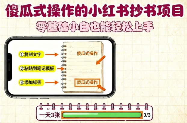 傻瓜式操作的小红书抄书项目，会复制粘贴就行，零基础小白也能一天3张-淘秘副业