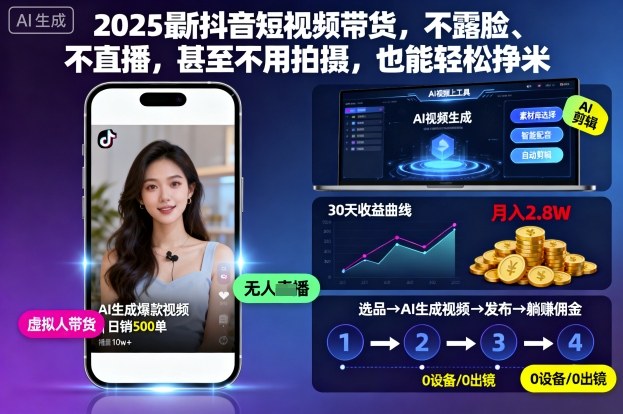 2025最新抖音短视频带货，不露脸、不直播，甚至不用拍摄，也能轻松挣米-淘秘副业