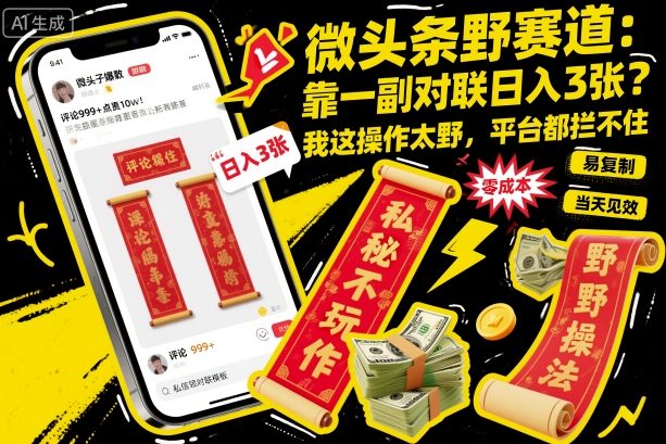 微头条野赛道，靠一副对联日入3张？我这操作太野，平台都拦不住！-淘秘副业
