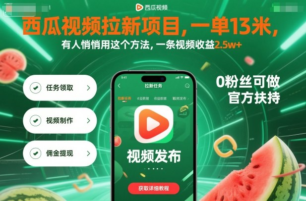 西瓜视频拉新项目，一单13米，有人悄悄用这个方法，一条视频收益2.5w+（附详细教程）-淘秘副业