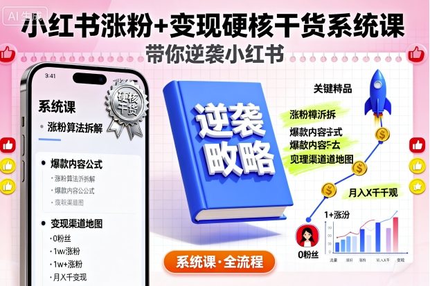小红书涨粉+变现硬核干货系统课，带你逆袭小红书-淘秘副业