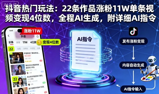 抖音热门玩法：22条作品涨粉11W单条视频变现4位数，全程AI生成，附详细AI指令-淘秘副业