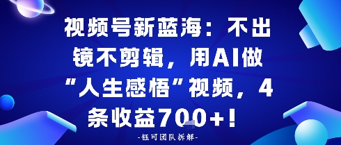视频号新蓝海：不出镜不剪辑，用AI做“人生感悟”视频，4条收益7张-淘秘副业