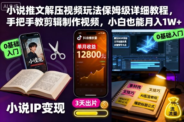 小说推文解压视频玩法保姆级详细教程，手把手教剪辑制作视频，小白也能月入1W+-淘秘副业