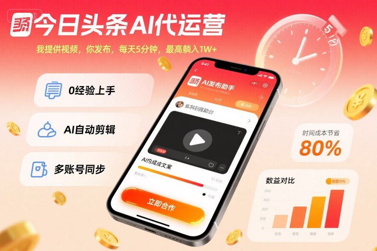 今日头条AI代运营，我提供视频，你发布，每天5分钟，最高躺入1W+【揭秘】-淘秘副业