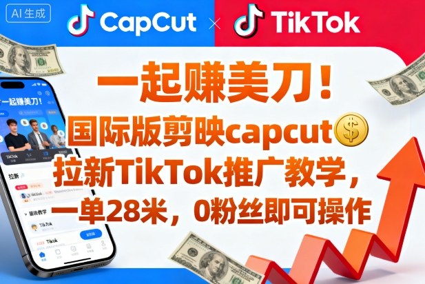 一起賺美刀！国际版剪映capcut拉新TikTok推广教学，一单28米，0粉丝即可操作（附推广入口和教学）-淘秘副业