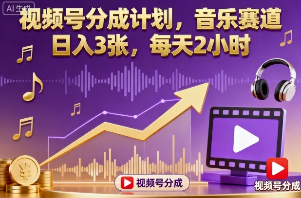 视频号分成计划，音乐赛道，日入3张，每天2小时-淘秘副业