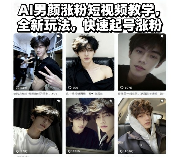 AI男颜涨粉短视频教学，全新玩法，快速起号涨粉-淘秘副业
