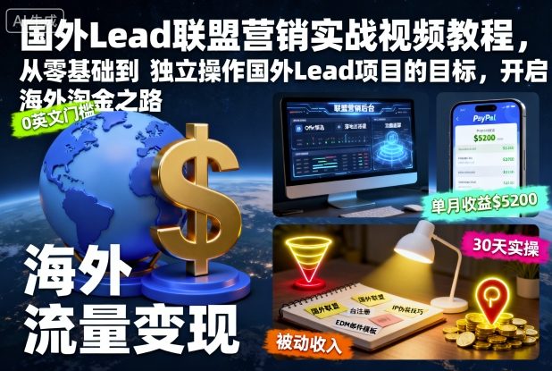国外Lead联盟营销实战视频教程，从零基础到独立操作国外Lead项目的目标，开启海外淘金之路-淘秘副业