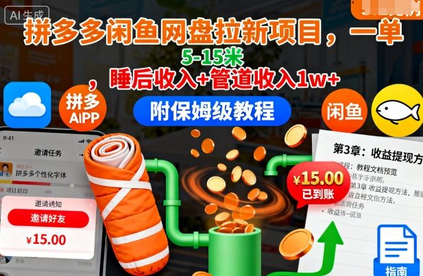 拼多多闲鱼网盘拉新项目，一单5-15米，睡后收入+管道收入1w+（附保姆级教程）-淘秘副业