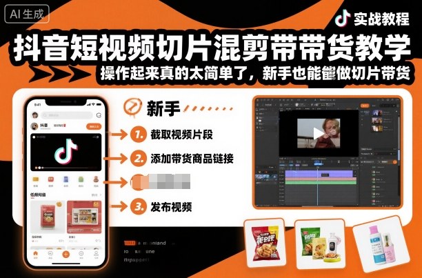 抖音短视频切片混剪带货教学，操作起来真的太简单了，新手也能做切片带货-淘秘副业