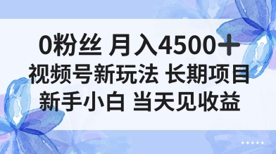 0粉丝月入4.5k+，视频号新玩法，长期项目新手小白当天见收益-淘秘副业