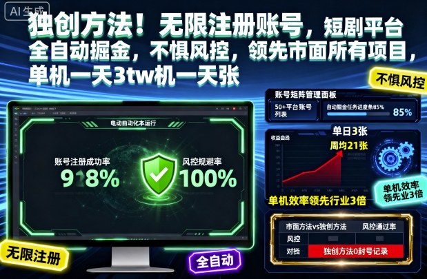 独创方法！无限注册账号，短剧平台全自动掘金，不惧风控，领先市面所有项目，单机一天3张【揭秘】-淘秘副业