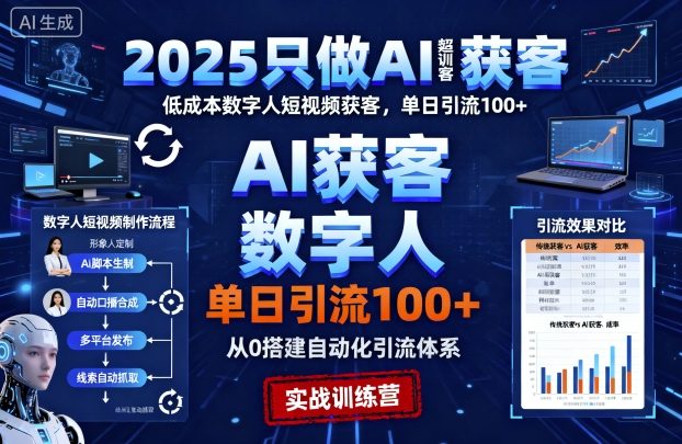 2025只做AI获客，AI超级获客实训营，低成本数字人短视频获客，单日引流100+-淘秘副业
