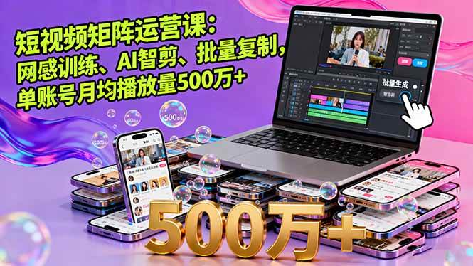 （16168期）短视频矩阵运营课：网感训练、AI智剪、批量复制，单账号月均播放量500万+-淘秘副业