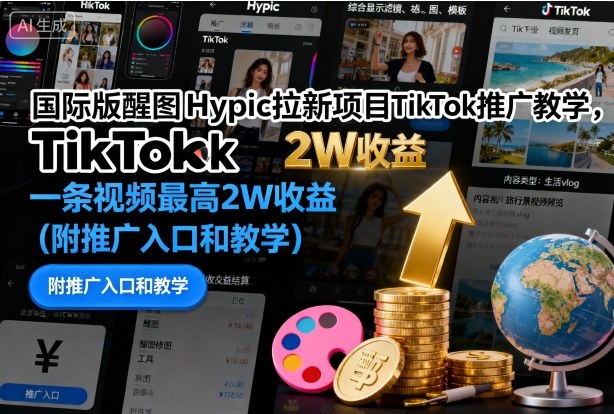 国际版醒图Hypic拉新项目TikTok推广教学，一条视频最高2W收益（附推广入口和教学）-淘秘副业