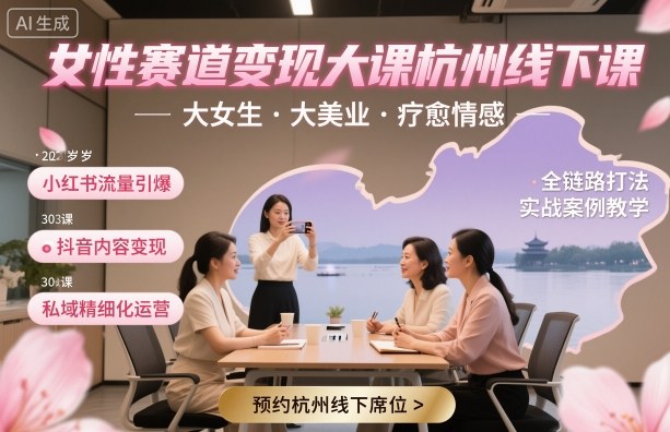 女性赛道变现大课杭州线下，大女生，大美业，疗愈情感，一套小红书、抖音、私域全链路打法-淘秘副业