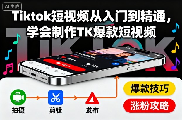 Tiktok短视频从入门到精通，学会制作TK爆款短视频-淘秘副业
