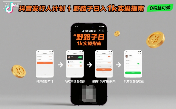 抖音发行人计划全新野路子玩法，随时随地，只要有手机，就能操作，日入1k+【揭秘】-淘秘副业