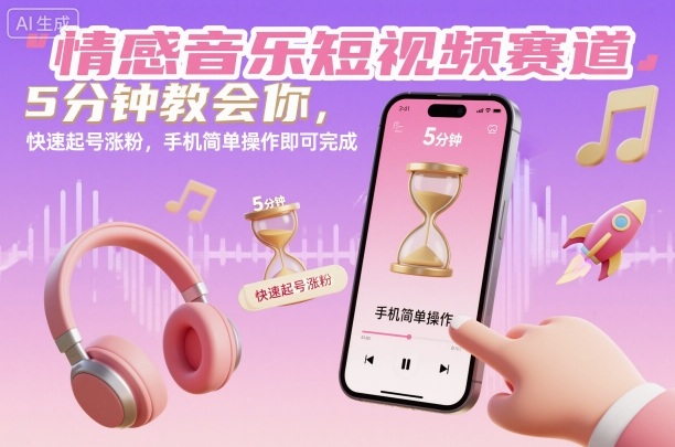 情感音乐短视频赛道，5分钟教会你，快速起号涨粉，手机简单操作即可完成-淘秘副业