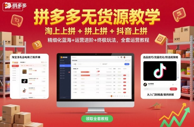 拼多多无货源教学，淘上拼+拼上拼+抖上拼，精细化蓝海+运营进阶+终极玩法，全套运营教程-淘秘副业