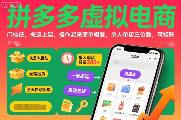 拼多多虚拟电商，门槛低，搬运上架，操作起来简单粗暴，单人单店三位数，可矩阵-淘秘副业