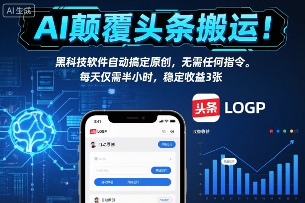 AI颠覆头条搬运！黑科技软件自动搞定原创，无需任何指令。每天仅需半小时，稳定收益3张【揭秘】-淘秘副业