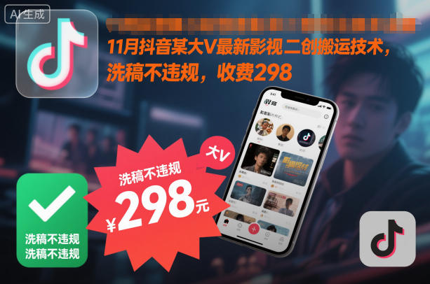 11月抖音某大V最新影视二创搬运技术，洗稿不违规，收费298-淘秘副业