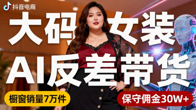 抖音小众赛道，大码女装AI反差带货，不用直播，每天6条作品，橱窗卖7万件，保守佣金30W+-淘秘副业