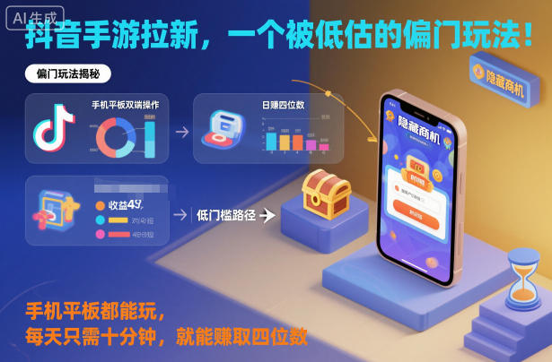 抖音手游拉新，一个被低估的偏门玩法！手机平板都能玩，每天只需十分钟，就能賺取四位数【揭秘】-淘秘副业