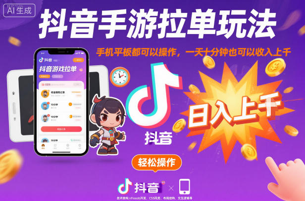 抖音手游拉单玩法，手机平板都可以操作，一天十分钟也可以收入上K【揭秘】-淘秘副业