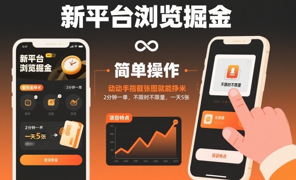 新平台浏览掘金，动动手指截张图就能挣米，2分钟一单，不限时不限量，一天5张【揭秘】-淘秘副业